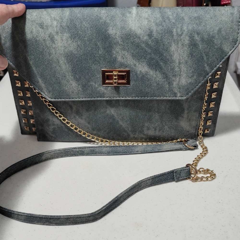 Gray /Blue Envelope Crossbody Or Clutch Bag with Gold Chain Accent
